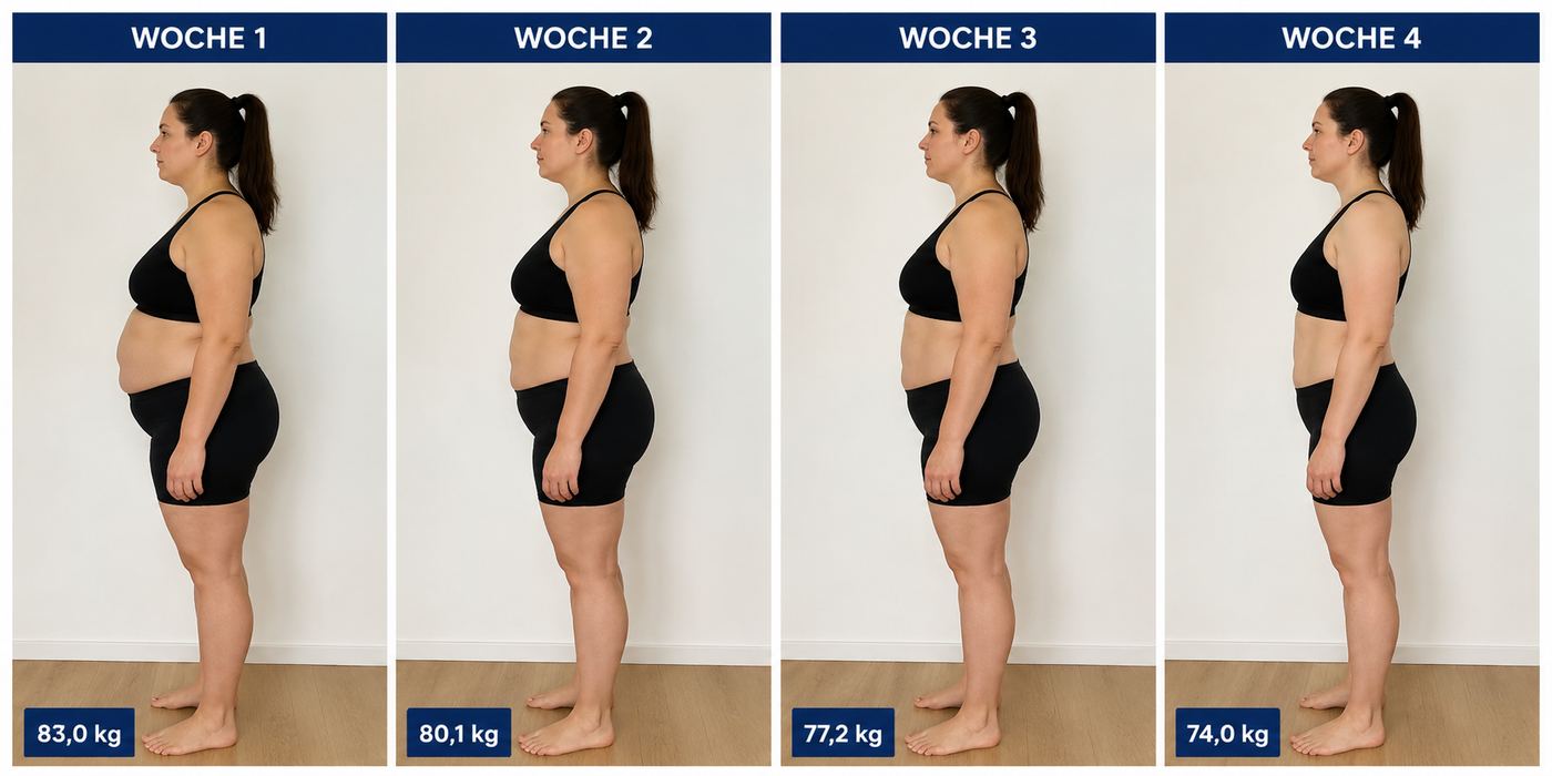 Retatrutid Vorher-Nachher: 4 Wochen Behandlung, −9,0 kg Gewichtsverlust (83,0 kg auf 74,0 kg)