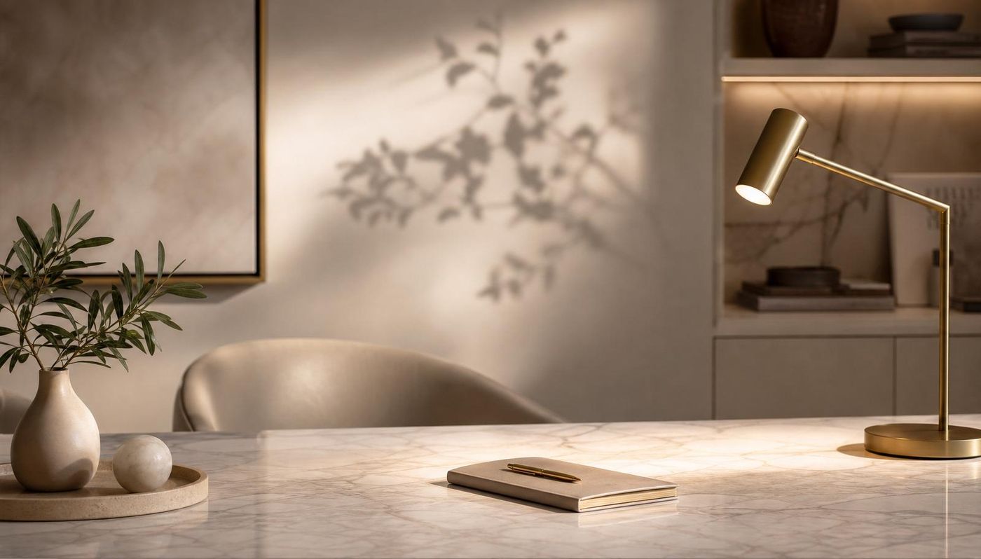 Calming premium consultation desk with warm lamp light