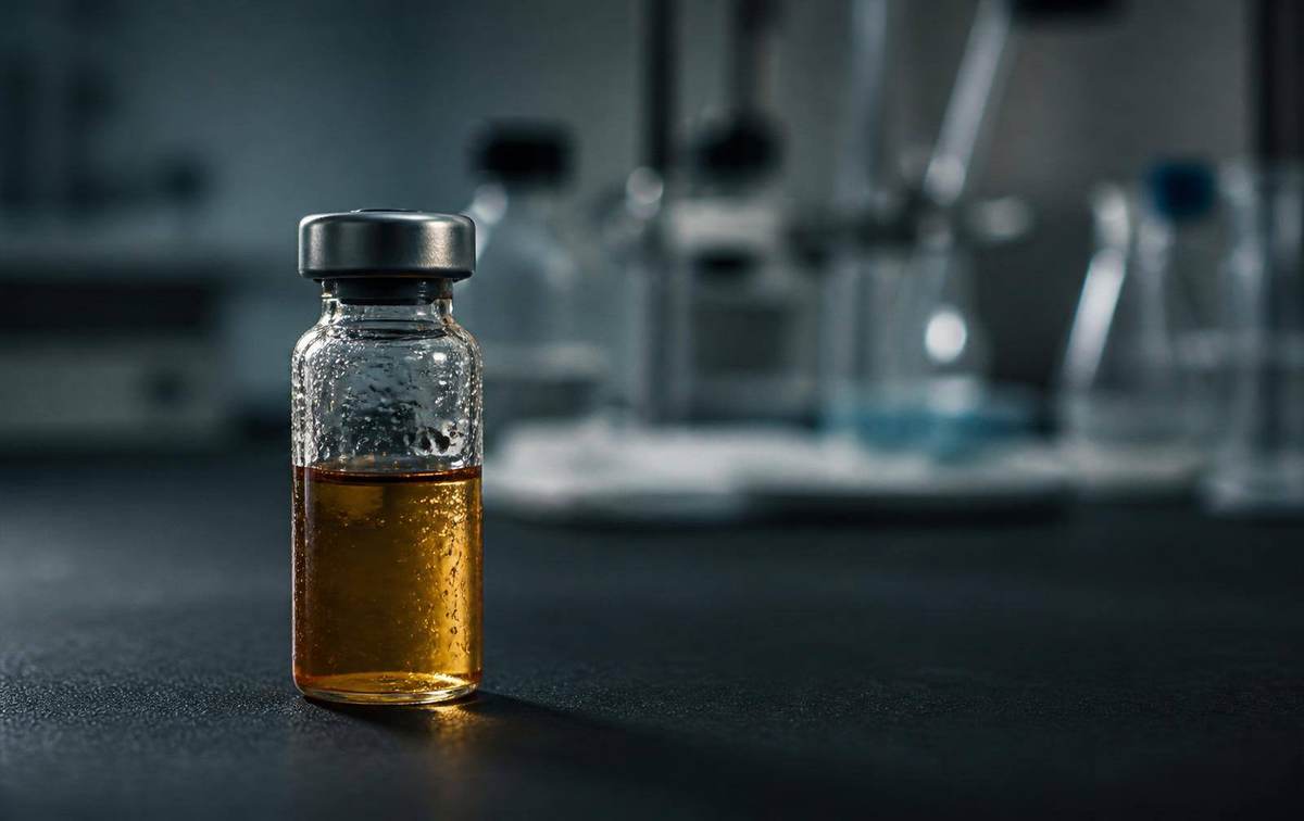 Editorial macro photograph of a pharmaceutical vial under dramatic side light