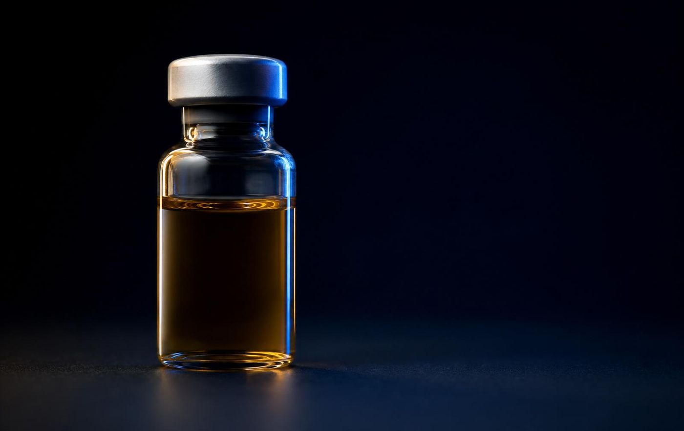 Editorial macro photograph of a pharmaceutical vial under dramatic side light