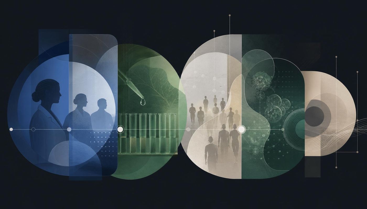 Abstract editorial illustration of clinical research and layered study phases