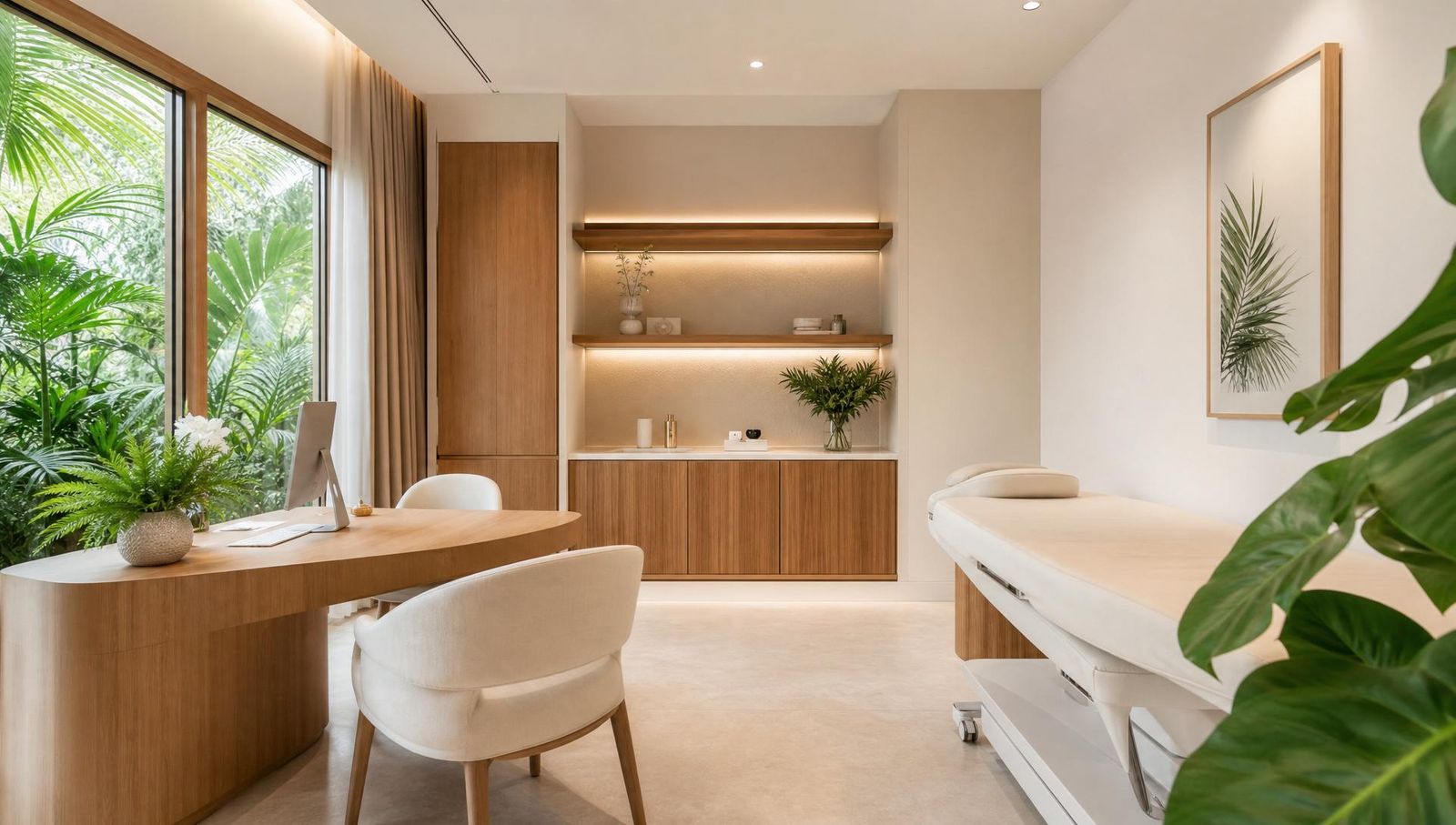 Modern minimalist Thai clinic consultation room with tropical daylight